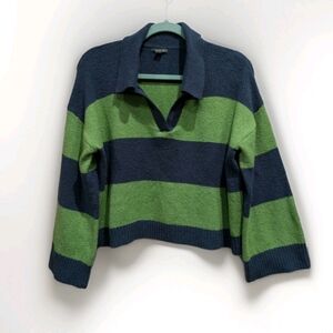Oversized Striped Polo Sweater Cropped Womens L Collar Blokecore Preppy Rugby